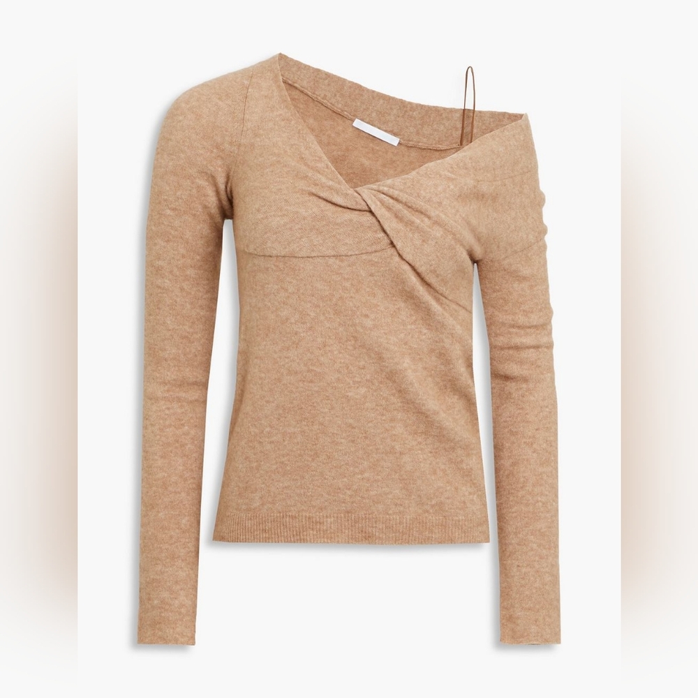 Helmut Lang Off-The-Shoulder Beige Sand Twisted Brushed Wool Blend Sweater